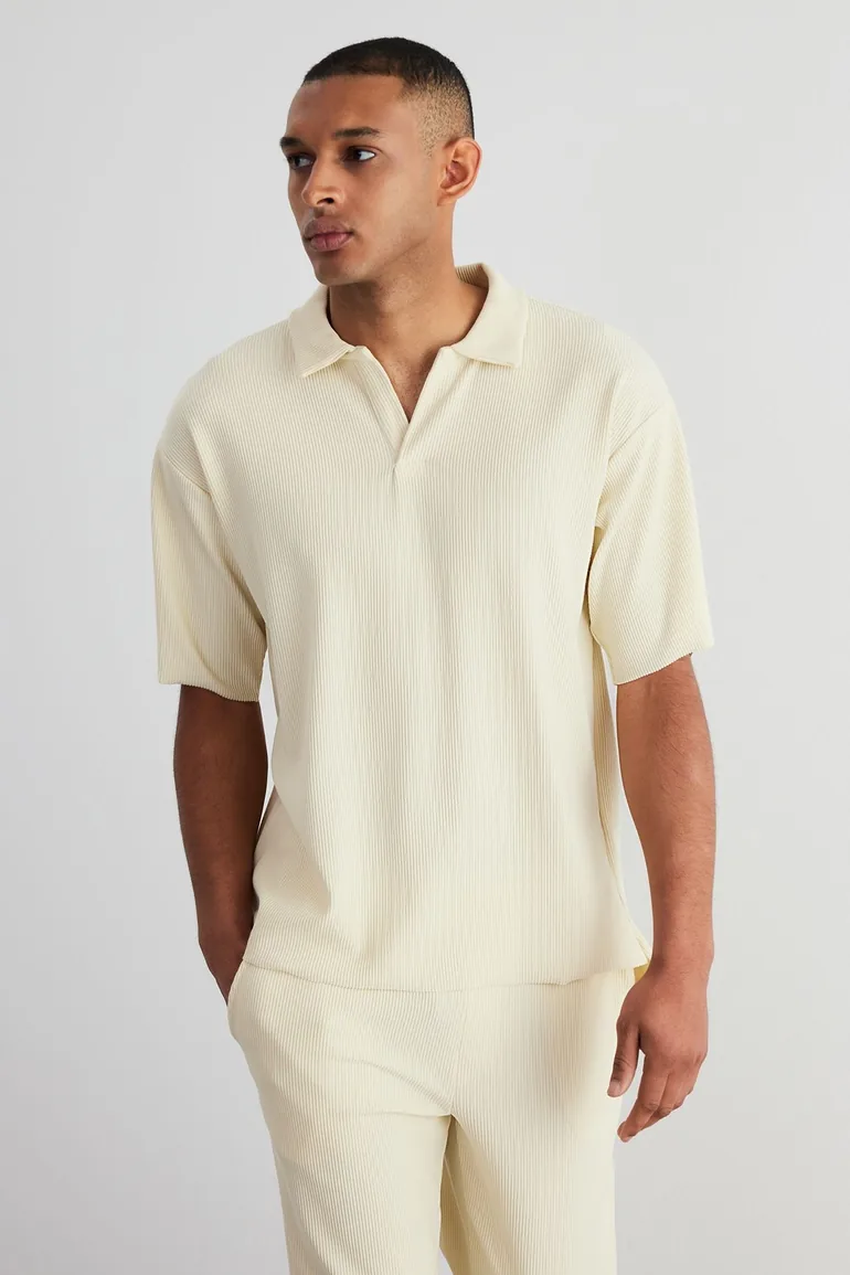 Limited Edition Ecru Men's Oversize/Wide Cut Textured Anti-Wrinkle Ottoman Seamless Polo Collar T-Shirt - 2