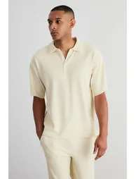 Limited Edition Ecru Men's Oversize/Wide Cut Textured Anti-Wrinkle Ottoman Seamless Polo Collar T-Shirt - 2