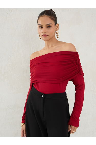 Deep Red Knit Bardot Neck Ruched Detail Top