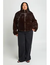 Plus Two Tone Faux Fur Funnel Neck Jacket - chocolate