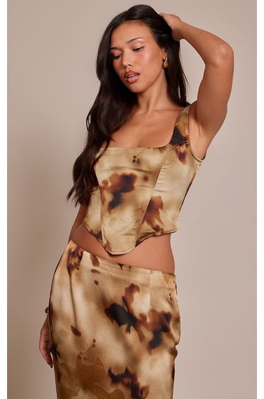 Brown Floral Abstract Print Satin Corset