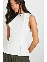 Bengaline Cinched Waist Sleeveless Top - cream - 3