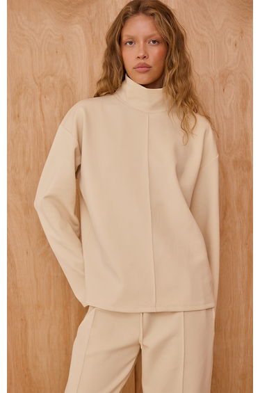 Cream Interlock Seam Funnel Neck Sweatshirt