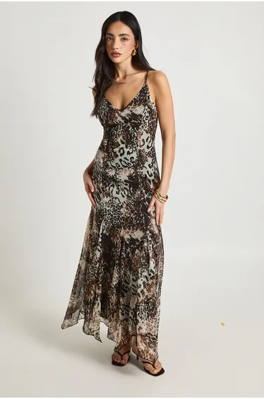 Tonal Leopard Chiffon Godet Hem Maxi Dress - leopard
