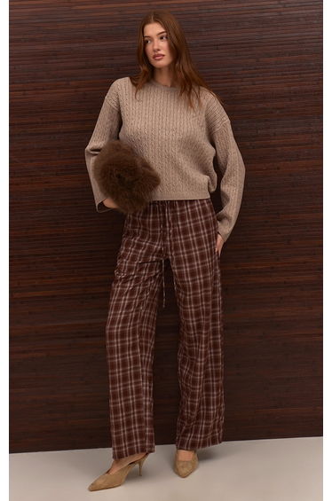 Brown Check Woven Drawstring Low Rise Relaxed Trousers