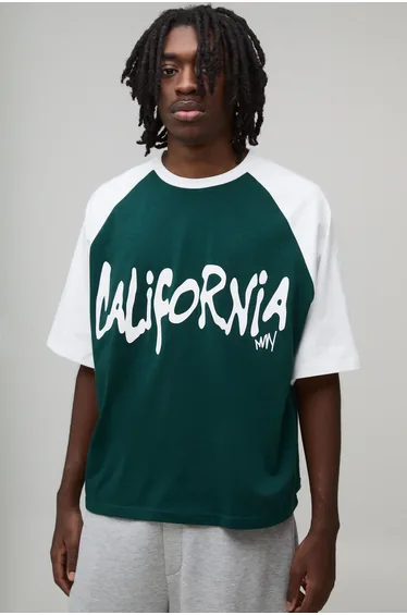 Oversized Boxy Fit Slogan Printed Ringer T-Shirt - forest