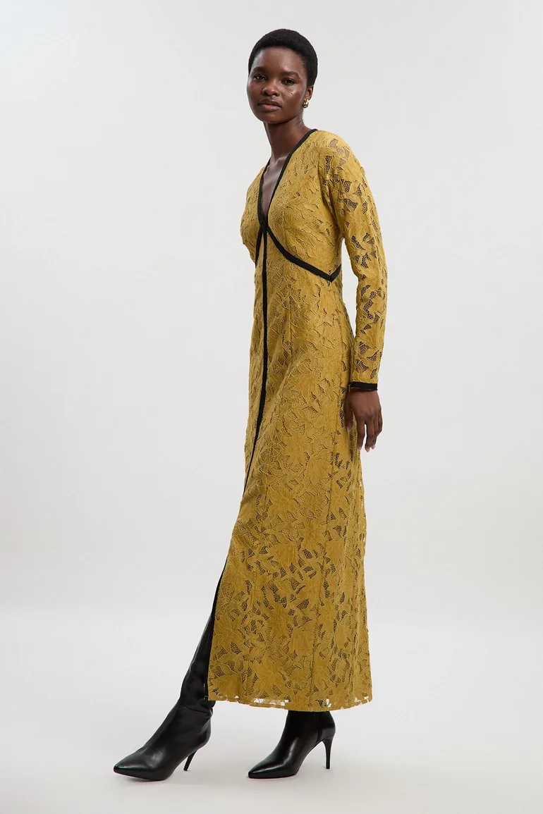chinese dress ladies Lemon Yellow Lace And Beading V-Neck Long Dress With Lace Up Back main image 1