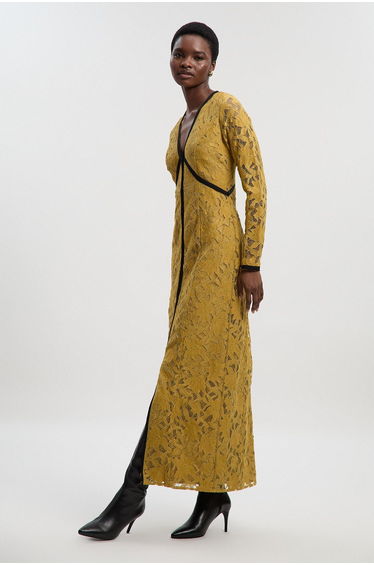 Lace with black taping long sleeve woven maxi dress