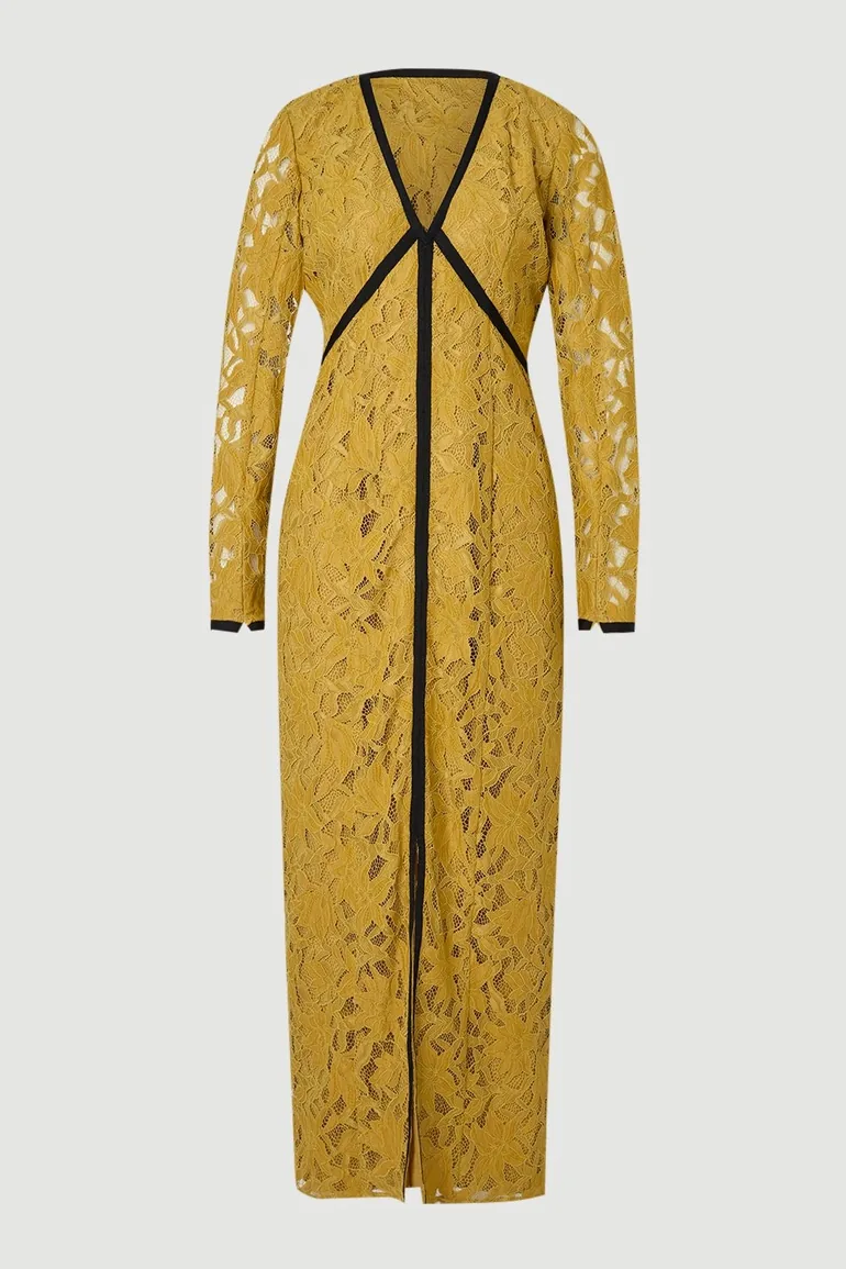 Lace with black taping long sleeve woven maxi dress Karen Millen Yellow :  Evening Dresses : VogaCloset Bahrain