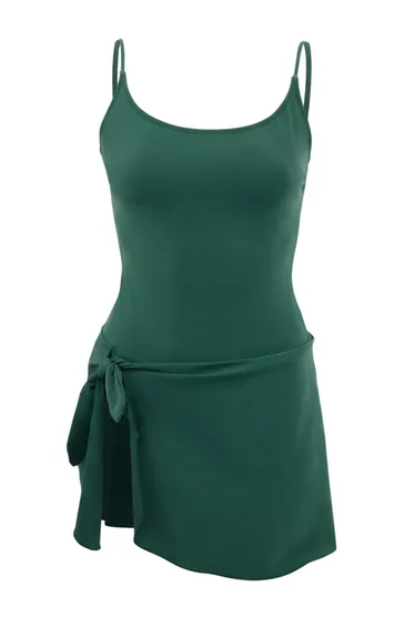Emerald Green Tie-Detail Square Collar Covered Skirt Swimsuit