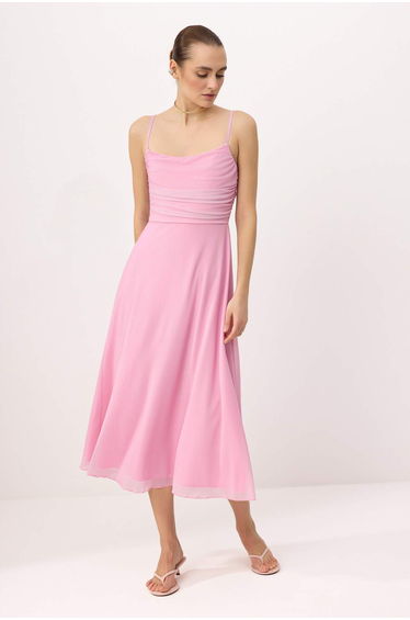 Light Pink A-Line/A Bell Form Pool Collar Thin Straps Sleeveless Tulle Knitted Dress