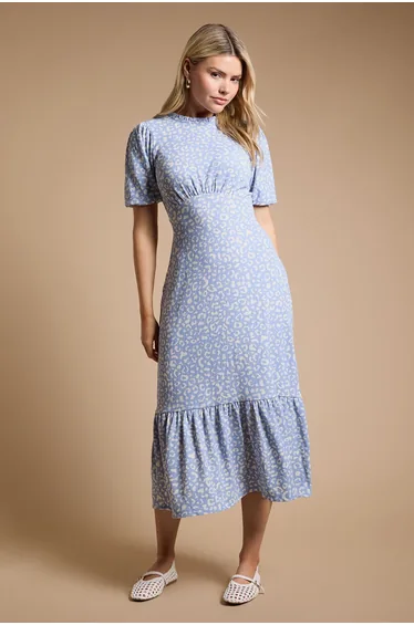 Blue Leopard Tie Back Tiered Jersey Midi Dress