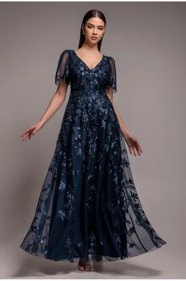 Goddiva Flared Sleeve Embroidered Maxi Dress - Navy