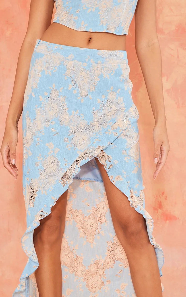 Blue Contrast Lace Asymmetric Hem Split Front Midaxi Skirt - 3