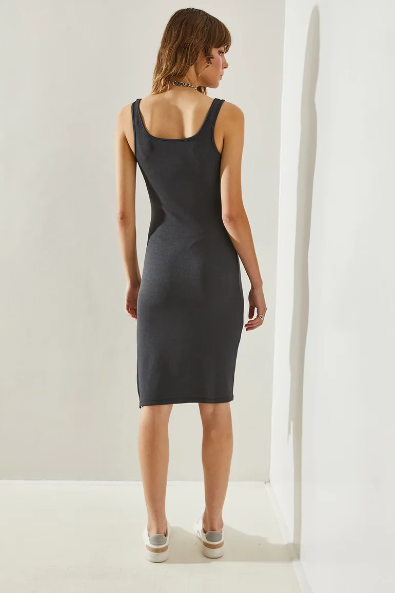 Women's Corduroy Slit Detailed Strappy Dress Bianco Lucci Grey : Day Dresses  : VogaCloset Oman