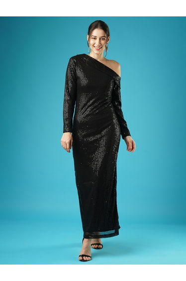 Black Sequined One Shoulder Sheath Maxi Dress