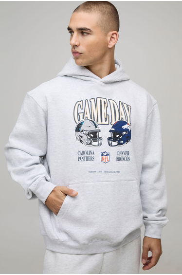 Oversized NFL Broncos X Panthers License Printed Hoodie - ash grey