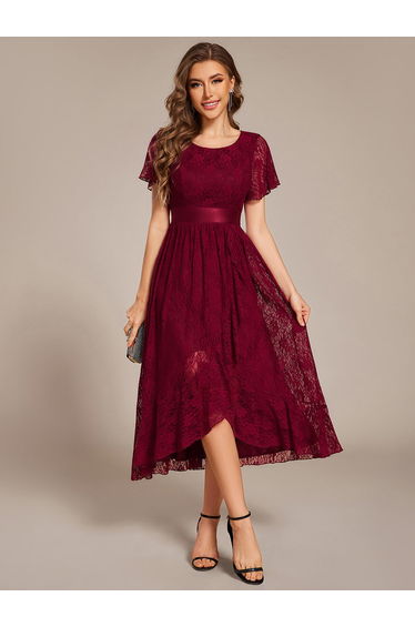 ever SEVYN|Short Sleeve Ruffled Empire Waist Lace Midi Formal Dress