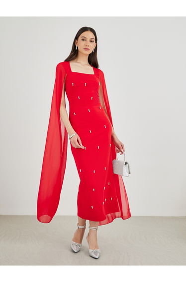 Embellished Square Neck Cape Sleeve Bodycon Maxi Dress