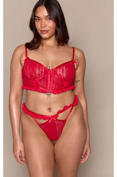 Plus Red Lace Texture Corset Lingerie Set