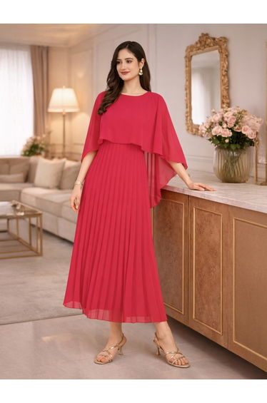 Dark Pink Cape Sleeve Pleated Maxi Dress