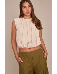 Beige Woven Pleated Bubble Hem Top - 1