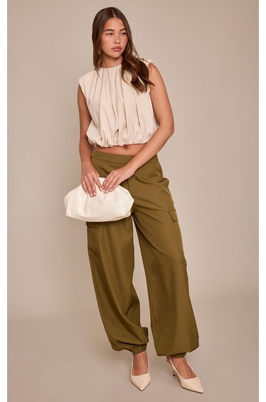 Beige Woven Pleated Bubble Hem Top