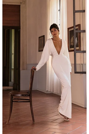 PLT Label White Slinky Ruched Plunge Batwing Maxi Dress
