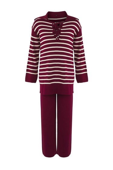 Burgundy Striped Tie Collar Detailed Sweater-Pants Knitwear Top-Bottom Set