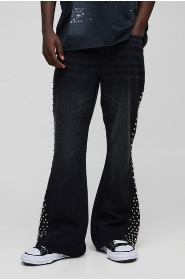 Relaxed Flared Embellished Seam Gusset Jeans - black