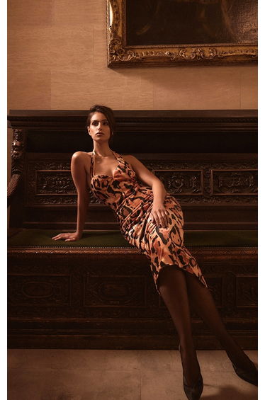 PLT Label Multi Leopard Printed Velvet Halterneck Midaxi Dress