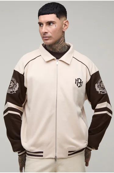 Tall Boxy Fit Collared Colour Block Varsity Jersey Jacket