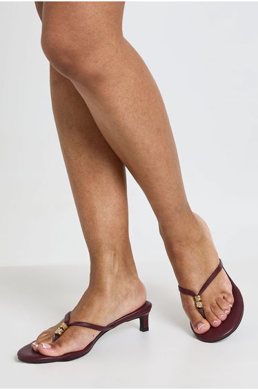 Trim Detail Toe Post Heeled Mules - burgundy
