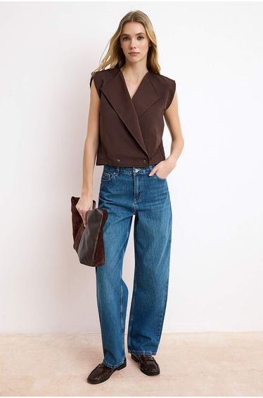 Brown Jacket Collar Stopper Detail Elastic Waist Woven Vest