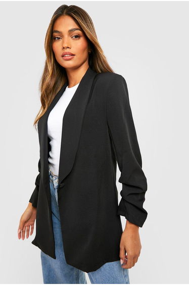 Basic Woven Ruched Sleeve Plunge Lapel Blazer - black