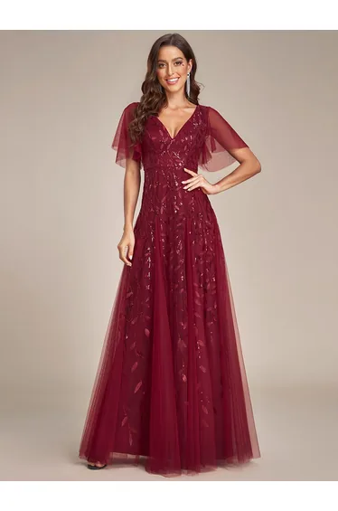 Plus Size Deep V Neck Sequin Evening Gown With Short Sleeves