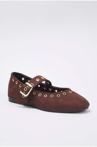 Brown Suede Eyelet Detailed Buckle Almond Toe Women's Ballerinas