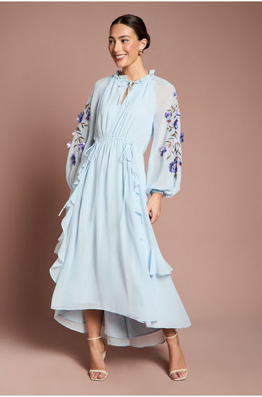 3D Floral Ruched Detail Midi Dress