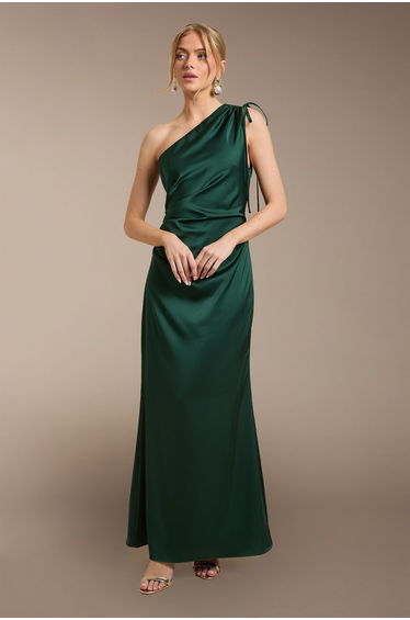 Emerald Ruched Side Detail One Shoulder Satin Maxi Bridesmaid Dress