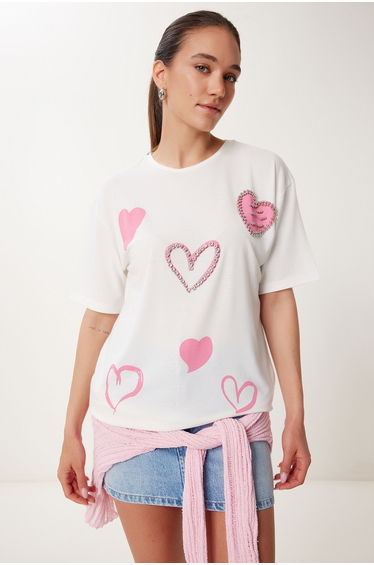 Women's Ecru Pearl and Bead Detailed Printed Knitted T-Shirt