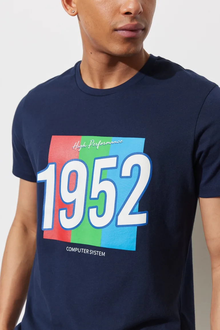 Men's Indigo Slim Fit Slim Fit Crew Neck 100% Cotton Printed T-Shirt - 2