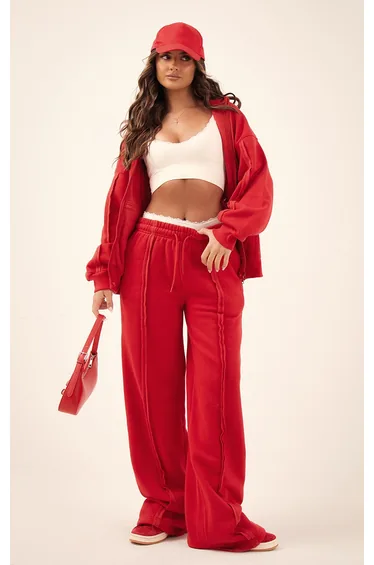 بنطلون رياضي بأرجل عريضة بتصميم واسع - أحمر 