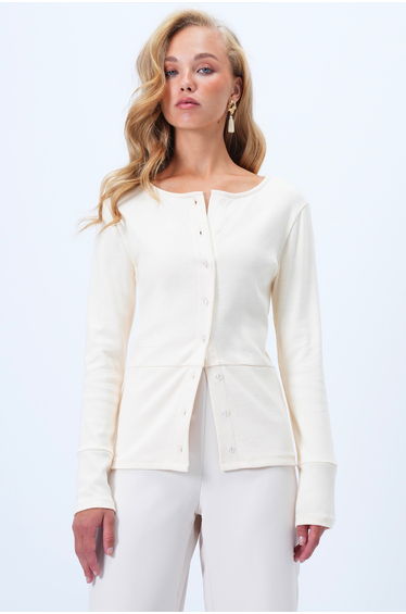 Women's ecru wide cuff button-down camisole blouse with stitching