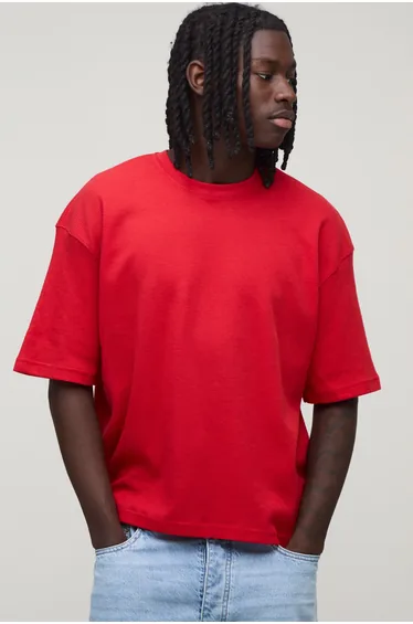 Oversized Boxy Man Sport Print Waffle T-Shirt - red