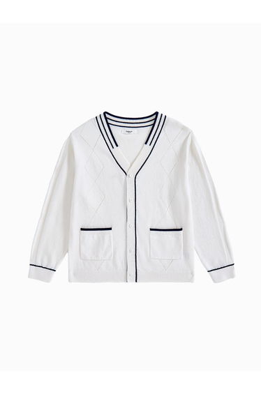 Boys' Long Sleeve Knitted Cardigan - Contrast Line Details, Front Pockets And Button Closure