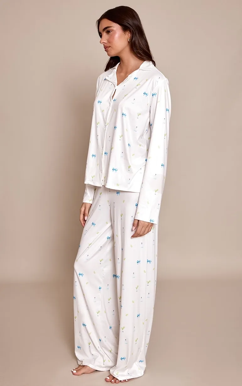 Cream Cocktail Print Long Sleeve Button Through Pj Set - 2