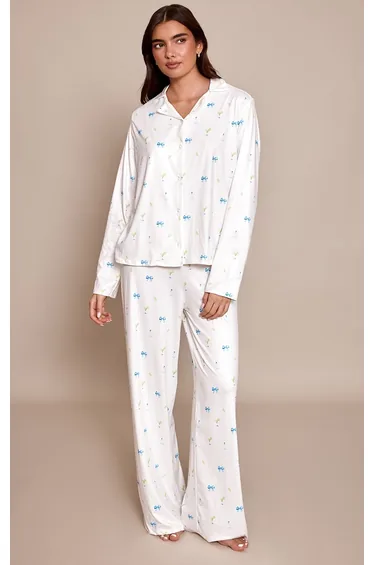 Cream Cocktail Print Long Sleeve Button Through Pj Set