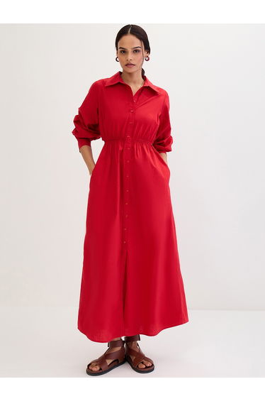 Red A-Line Cut Out Maxi Shirt Dress