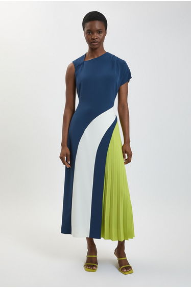 Petite Soft Tailored Colour Block High Neck Pleated Midi Dress