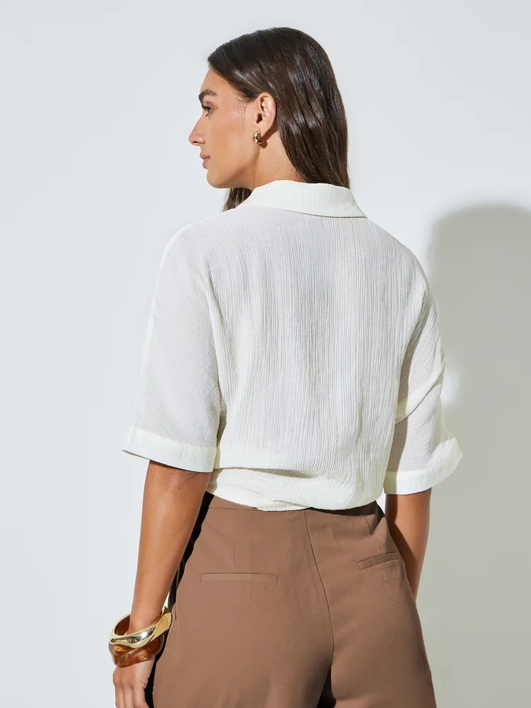Off White Textured Tie-Hem Shirt - 3